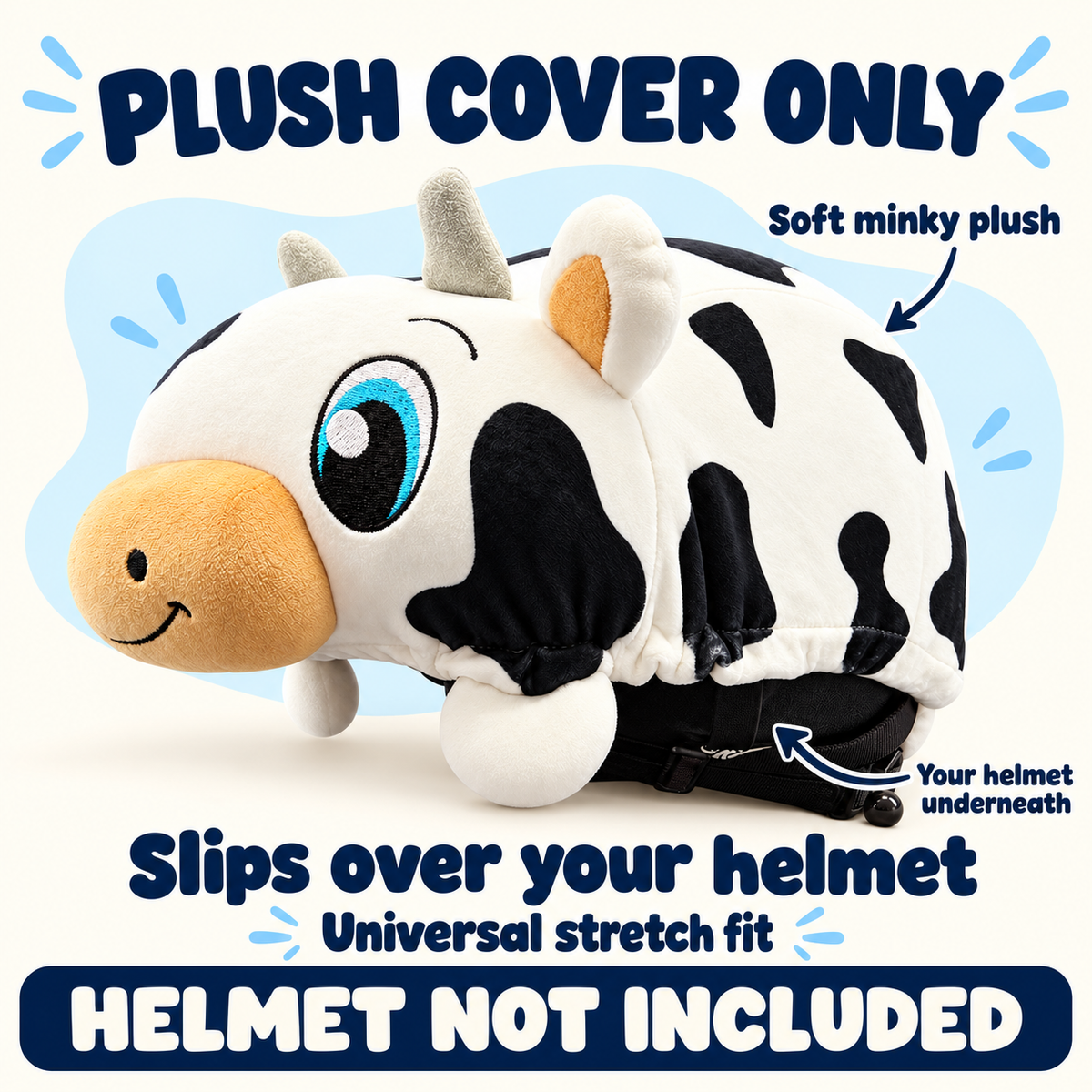 Clover the Cow removable soft minky plush helmet cover. Slips over your own helmet with a universal stretch fit. Plush cover only; helmet not included. Arrows identify the plush cover and demonstration helmet underneath.