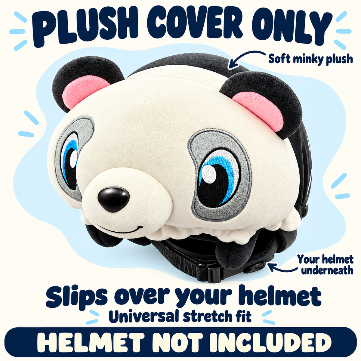 Panda Pal removable soft minky plush helmet cover. Slips over your own helmet with a universal stretch fit. Plush cover only; helmet not included. Arrows identify the plush cover and demonstration helmet underneath.