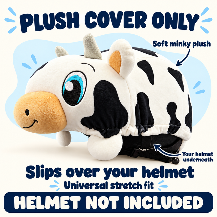 Clover the Cow removable soft minky plush helmet cover. Slips over your own helmet with a universal stretch fit. Plush cover only; helmet not included. Arrows identify the plush cover and demonstration helmet underneath.