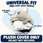 Universal fit: Koli the Koala soft plush cover lifted halfway off a white helmet to reveal the separate helmet underneath. The stretchy cover slips over your own helmet. Plush cover only; helmet not included.