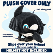 Orca Pal removable soft minky plush helmet cover. Slips over your own helmet with a universal stretch fit. Plush cover only; helmet not included. Arrows identify the plush cover and demonstration helmet underneath.