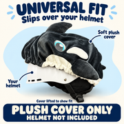 Universal fit: Orca Pal soft plush cover lifted halfway off a white helmet to reveal the separate helmet underneath. The stretchy cover slips over your own helmet. Plush cover only; helmet not included.