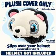 Panda Pal removable soft minky plush helmet cover. Slips over your own helmet with a universal stretch fit. Plush cover only; helmet not included. Arrows identify the plush cover and demonstration helmet underneath.