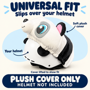 Universal fit: Panda Pal soft plush cover lifted halfway off a white helmet to reveal the separate helmet underneath. The stretchy cover slips over your own helmet. Plush cover only; helmet not included.